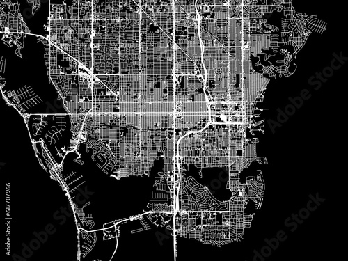 Vector road map of the city of  St. Petersburg Florida in the United States of America with white roads on a black background.