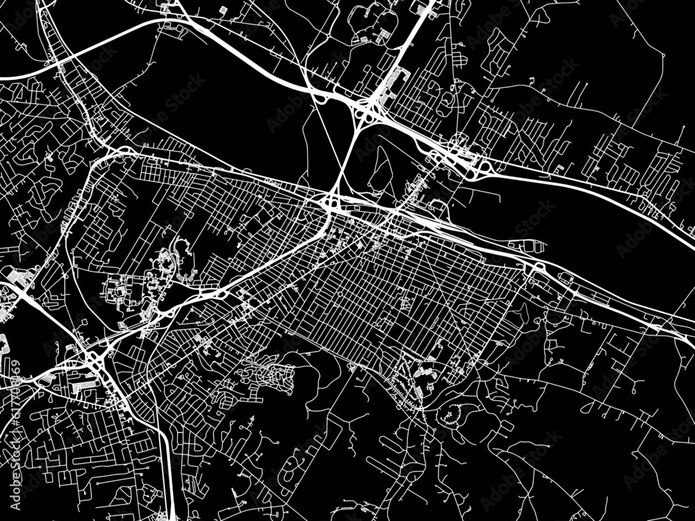 Vector road map of the city of  Utica New York in the United States of America with white roads on a black background.