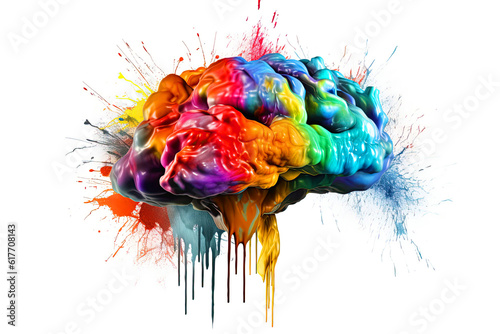 Brain in splashes of rainbow colors isolated on white f, creative concept of the human brain. Generative AI illustration.