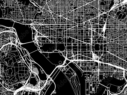 Vector road map of the city of  Washington District of Columbia in the United States of America with white roads on a black background.