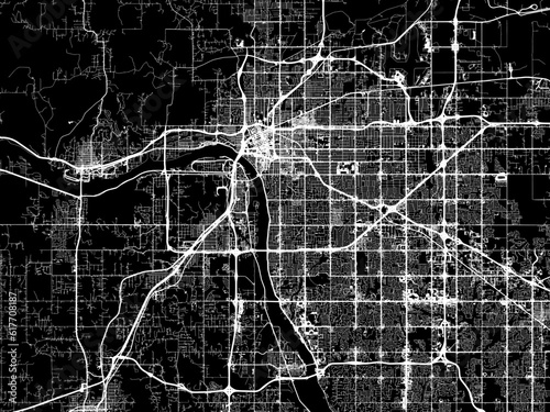 Vector road map of the city of  Tulsa Oklahoma in the United States of America with white roads on a black background.