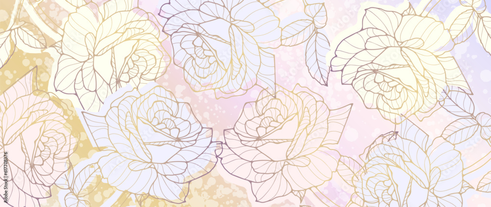 Fototapeta premium Abstract floral green background with golden contours of roses. Background for decor, wallpapers, postcards, diplomas, covers and presentations