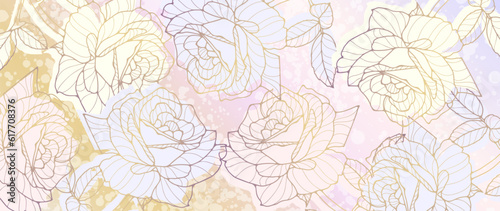 Fototapeta Naklejka Na Ścianę i Meble -  Abstract floral green background with golden contours of roses. Background for decor, wallpapers, postcards, diplomas, covers and presentations