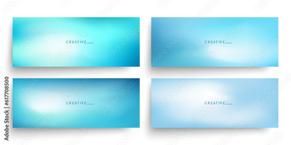 Blurred horizontal banners with soft blue colored gradients. Set of azure defocused abstract smooth templates for creative graphic design. Vector illustration.