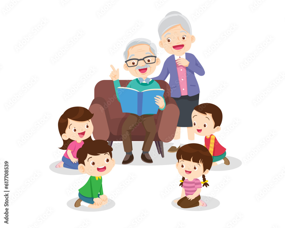 children listen dad mom grandparents reading book on sofa