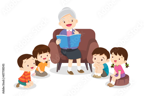 children listen dad mom grandparents reading book on sofa
