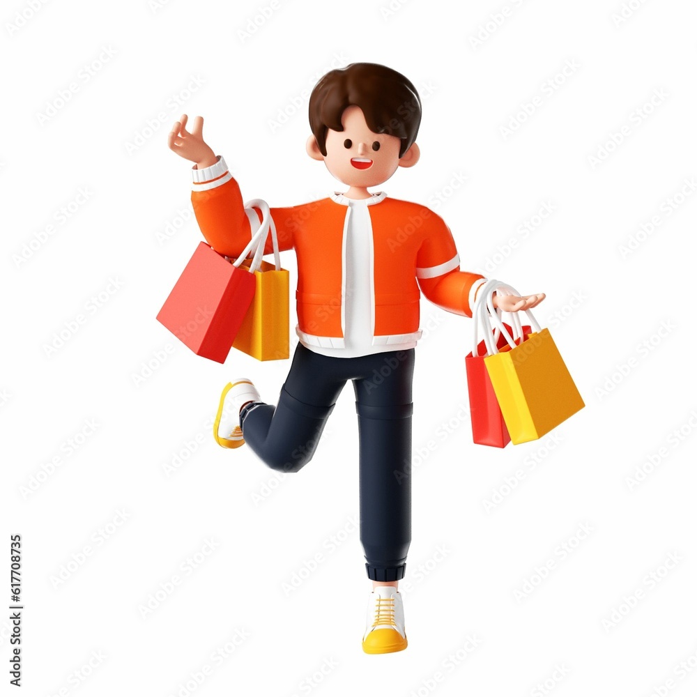 3D rendering of a cartoon illustration of a cheerful young man shopping 3D rendering of a cartoon illustration of a cheerful young man shopping