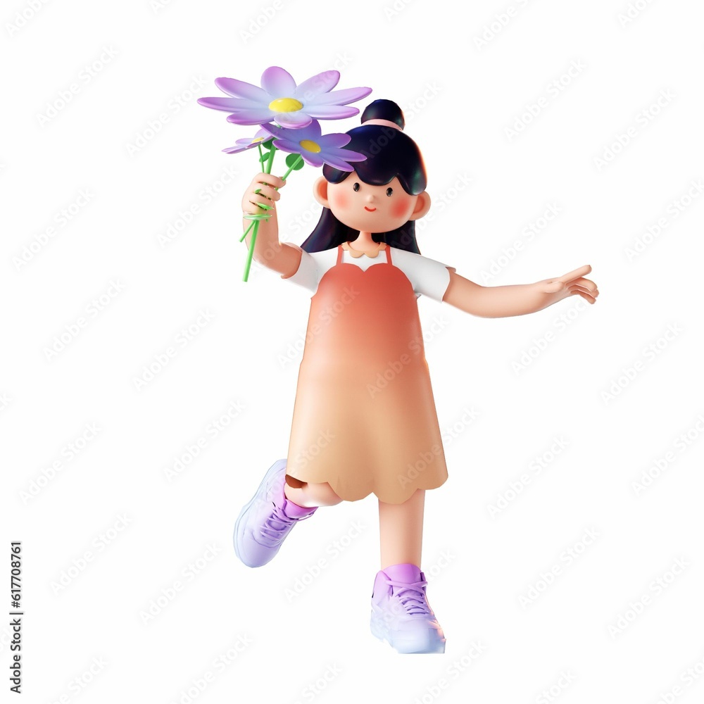 3D rendering of a cartoon illustration of a girl holding a flowers 3D rendering of a cartoon illustration of a girl holding a flowers