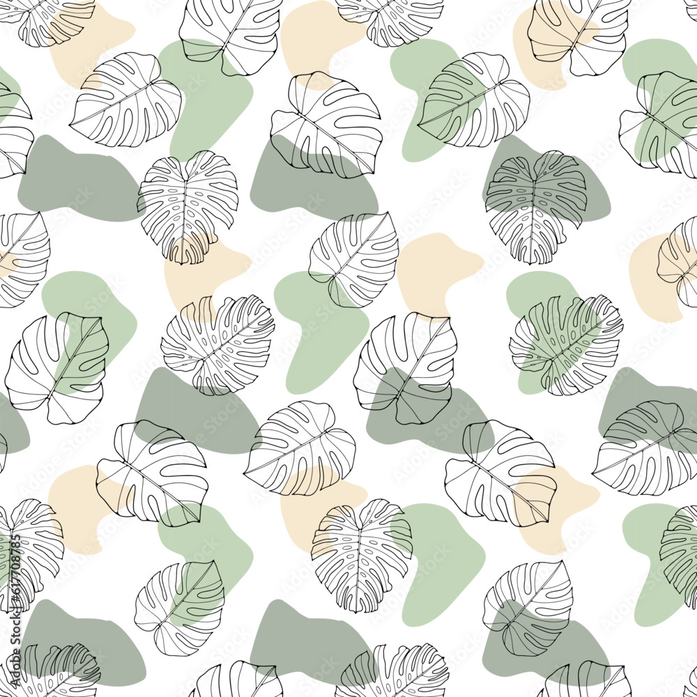 Tropical seamless pattern with monstera leaves contours and yellow-green spots on a white background. Pattern for textiles, wrapping paper, wallpapers, backgrounds, decor, postcards, item designs.
