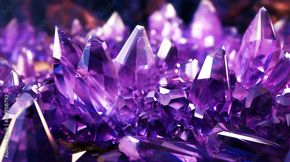 Amazing bright and shiny Amethyst crystal cluster background. Jewel mineral detailed macro. Generative AI Amazing bright and shiny Amethyst crystal cluster background. Jewel mineral detailed macro. Generative AI