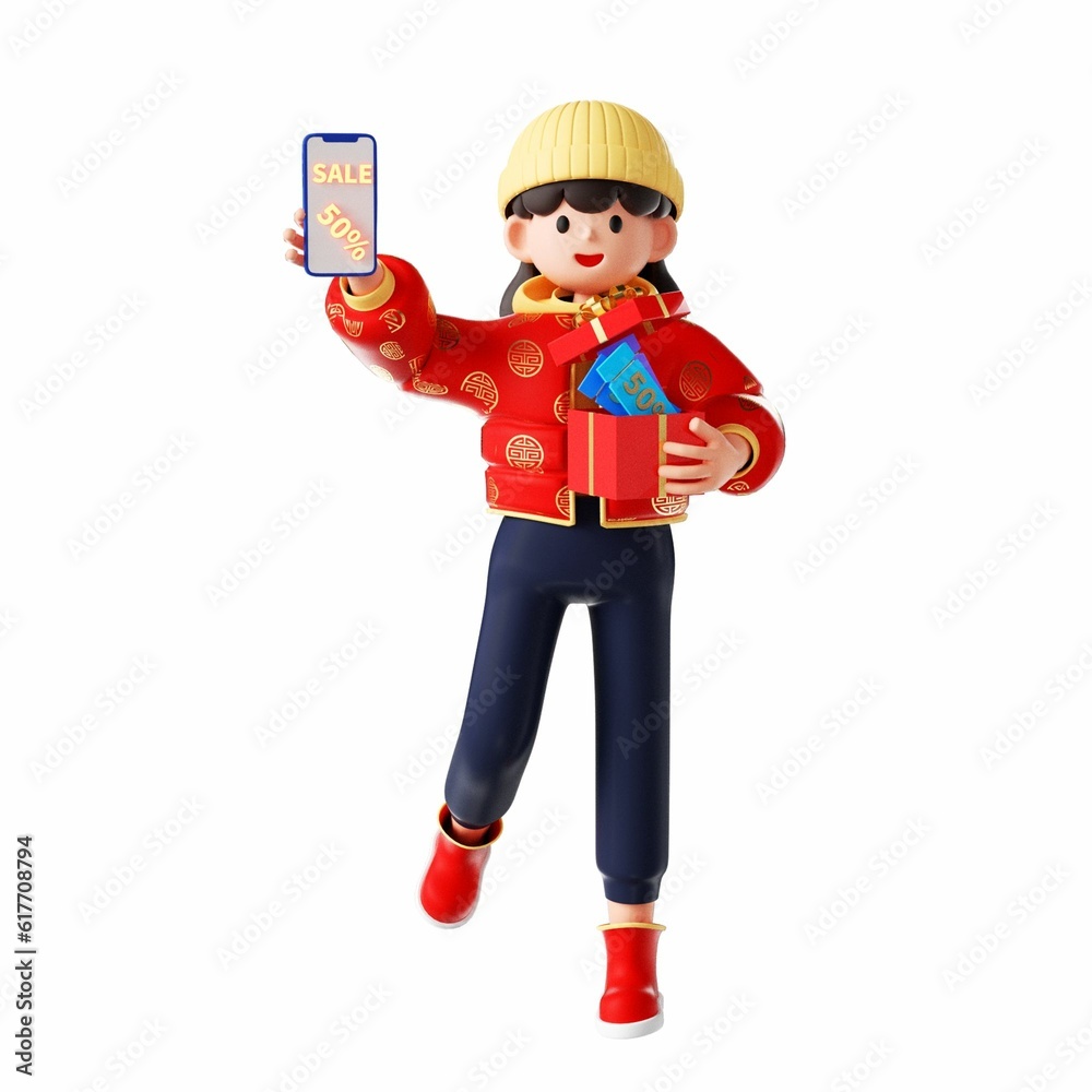 3D rendering of a cartoon illustration of a cheerful young woman shopping 3D rendering of a cartoon illustration of a cheerful young woman shopping