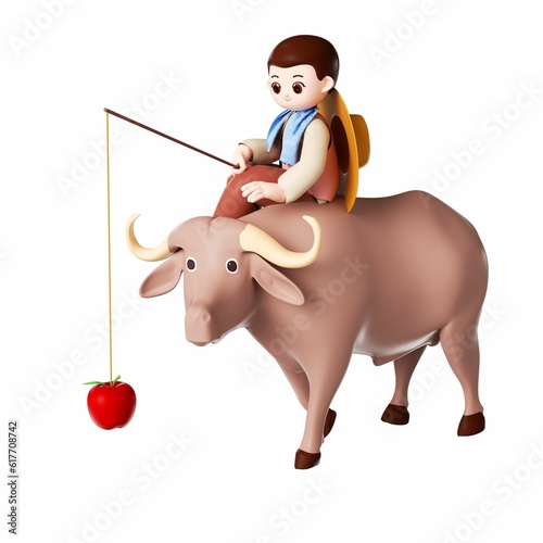 3D rendering of a cartoon illustration of a boy and cattle