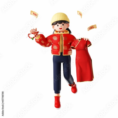 3D rendering of a cartoon illustration of a cheerful young woman shopping