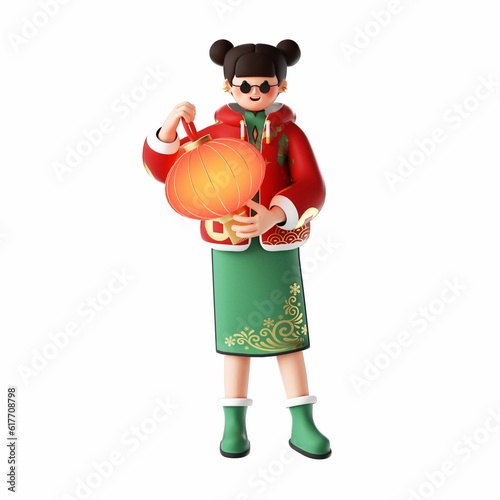 Fotografie 3D rendering of a cartoon illustration of a cheerful young woman in traditional
