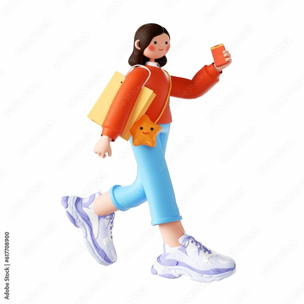 3D rendering of a cartoon illustration of a cheerful young woman shopping
