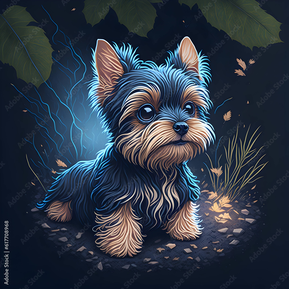 Naklejka premium Young Yorkshire Terrier Sitting in the Yard
