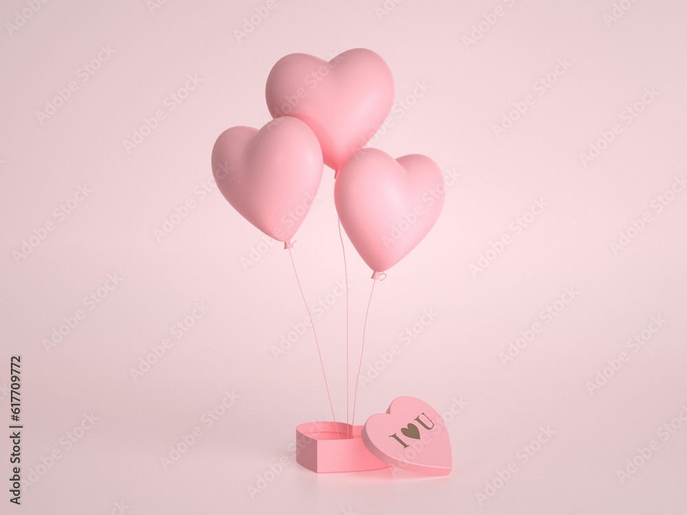 Rendering of a love and Valentine's Day themed gift box, with a bright red ribbon, heart-shapes