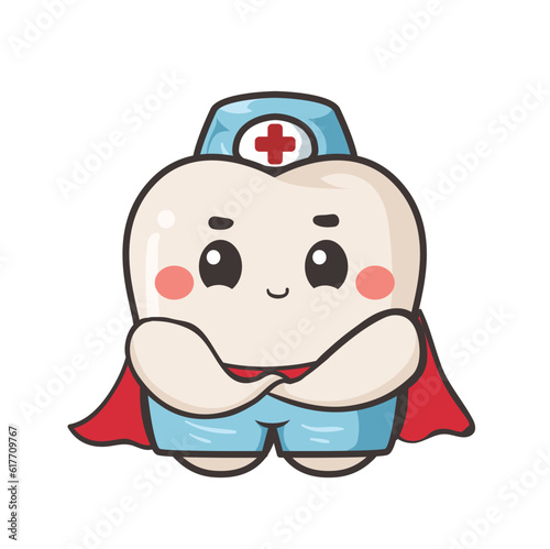 Vector illustration of a cartoon tooth wearing a colorful outfit and a cape