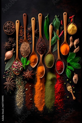 Fototapeta Naklejka Na Ścianę i Meble -  AI generated illustration of different spices on wooden spoons