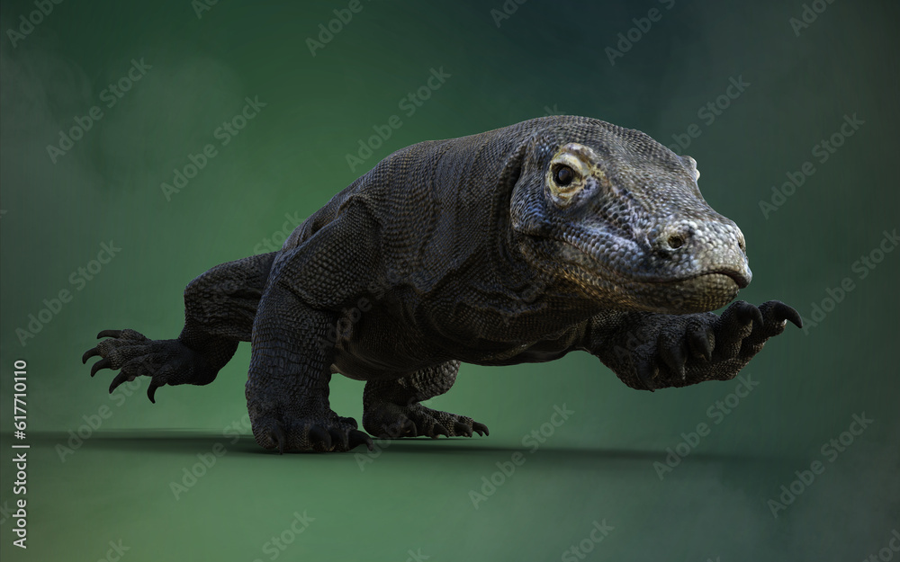 Obraz premium 3D rendering of a Komodo Dragon Isolated on Green Background with Clipping Path.