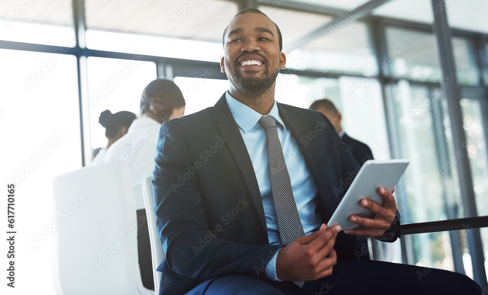 Fototapeta premium Accountant, tablet and thinking black man in office for business, research email or online app. Happy, technology and corporate African auditor with idea, planning or solution for problem solving.