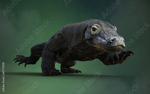 3D rendering of a Komodo Dragon Isolated on Green Background with Clipping Path. photo