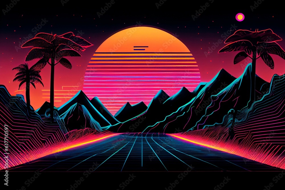 AI generated illustration of a futuristic wallpaper with a long road in the mountains in pink