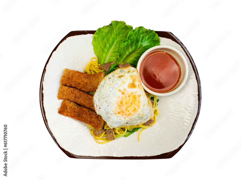 Fried noodles with beef, egg, and Pâté on transparent background