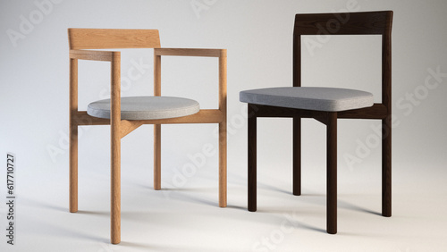A pair of simple but modern chairs made of wood. 3d rendering illustration.