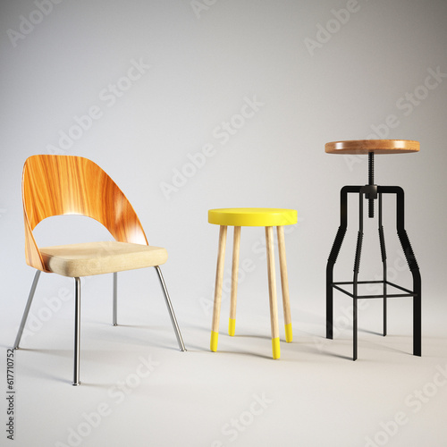 A set of modern chairs as a place to relax. Illustration 3D rendering.