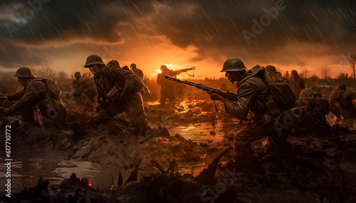 Foto World War I soldiers fighting with bayonets on a muddy front where the rain clou