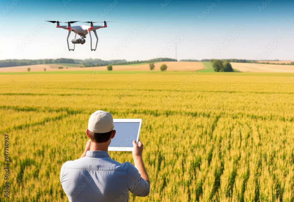 The farmer remotely controls the quadcopter while working in a field. Drone technology in an agricultural business. Concept of new digital smart agricultural technologies. Copy space. Generative AI The farmer remotely controls the quadcopter while working in a field. Drone technology in an agricultural business. Concept of new digital smart agricultural technologies. Copy space. Generative AI