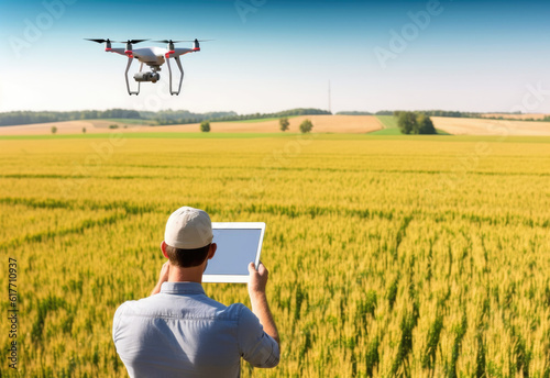 The farmer remotely controls the quadcopter while working in a field. Drone technology in an agricultural business. Concept of new digital smart agricultural technologies. Copy space. Generative AI