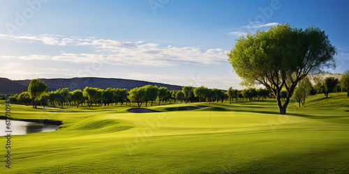 Panoramic view of Golf Course. Golf field with a rich green turf beautiful scenery. Generative AI