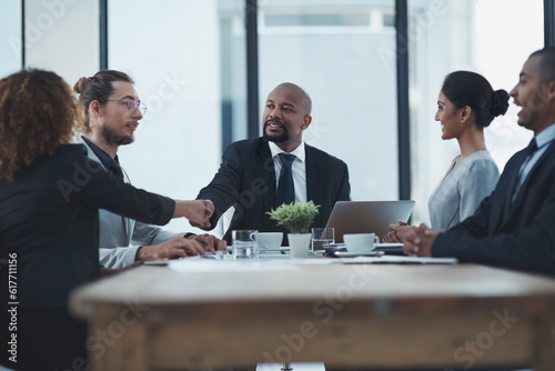 Business meeting, shaking hands people or manager partnership, lawyer agreement and thank you, success or deal. Corporate woman, clients or employees handshake for thanks, negotiation and law firm