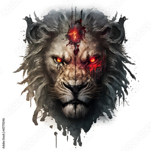 A lion head with mane that looks like a scary zombie with red eyes should be centered and complete many details and colors bright with white background hyperrealistic photorealistic 