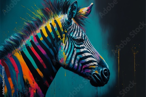 AI generated illustration of Aavibrant striped zebra stands out against a black background © Rafał Piontek/Wirestock Creators