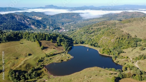 Aerial view of the Heart shaped lake in Romania