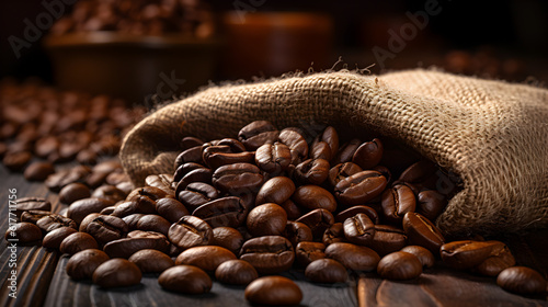Coffee beans in bag on table on dark background © Богдан Бурий