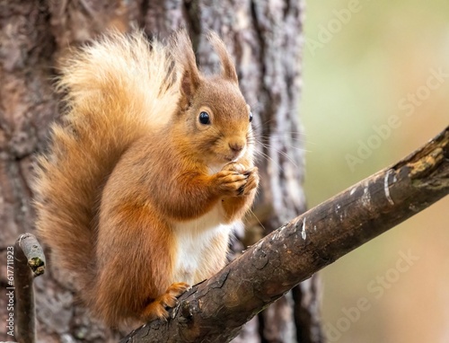 Inquisitive red squirrel perched on a tree branch nibbling on a seed © Sarahlou Photography/Wirestock Creators