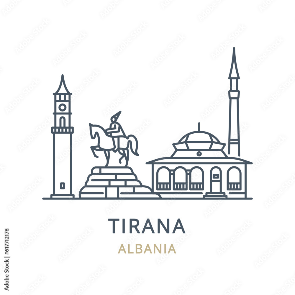 Vector and linear icon of Tirana, Albania. Perfect for websites, brochures, and more, this high-quality city icon captures the iconic landmarks and essence of Tirana.