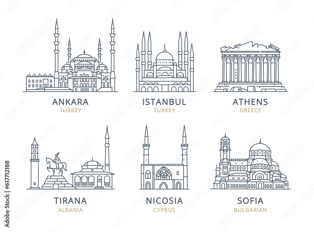 Naklejka premium Сollection of vector and linear city icons. These high-quality icons capture the essence of urban landscapes, making them perfect for various creative travel projects.