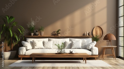 Modern interior design of living room with white sofa  coffee table  soft stucco wall. Created with  generative  AI.