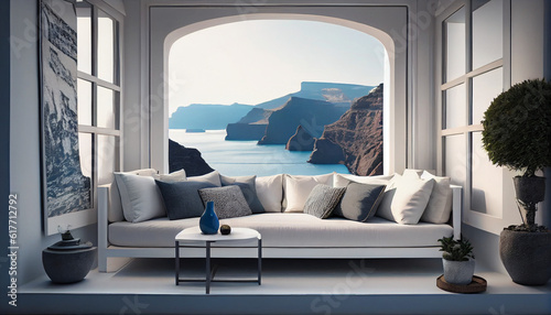 Luxury apartment terrace Santorini Interior of modern living room sofa or couch with beautiful sea view Ai generated image