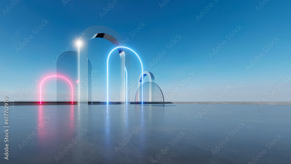 3d render of abstract futuristic arch architecture with neon light and empty concrete floor. - obrazy, fototapety, plakaty 