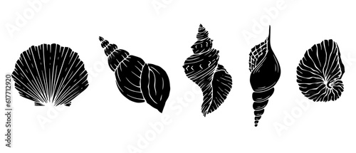 Set of silhouettes,doodles of seashells shells. Vector graphics.