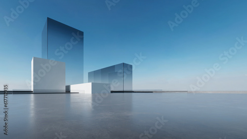 Photo 3d render of abstract futuristic glass architecture with empty concrete floor