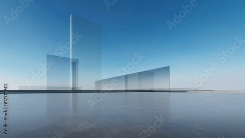 Fototapeta Naklejka Na Ścianę i Meble -  3d render of abstract futuristic glass architecture with empty concrete floor.