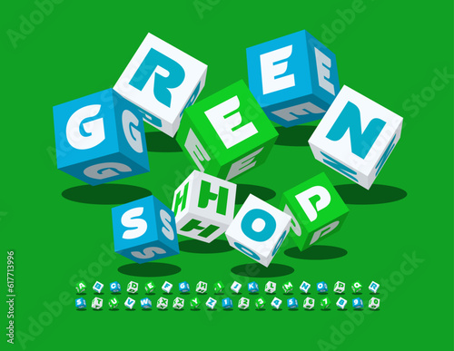 Vector funny Poster Green Shop with with cute blocks Font. 3D playful Alphabet Letter and Numbers.
