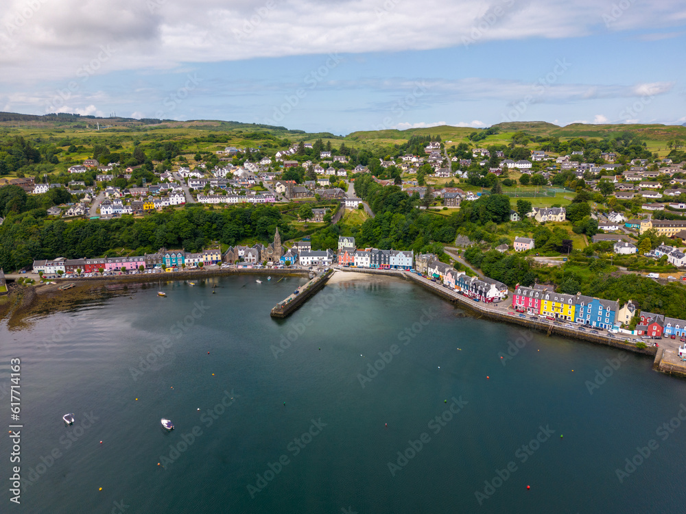 Aerial drone photo of Tobermory, a small town on the Isle of Mull, Scotland.